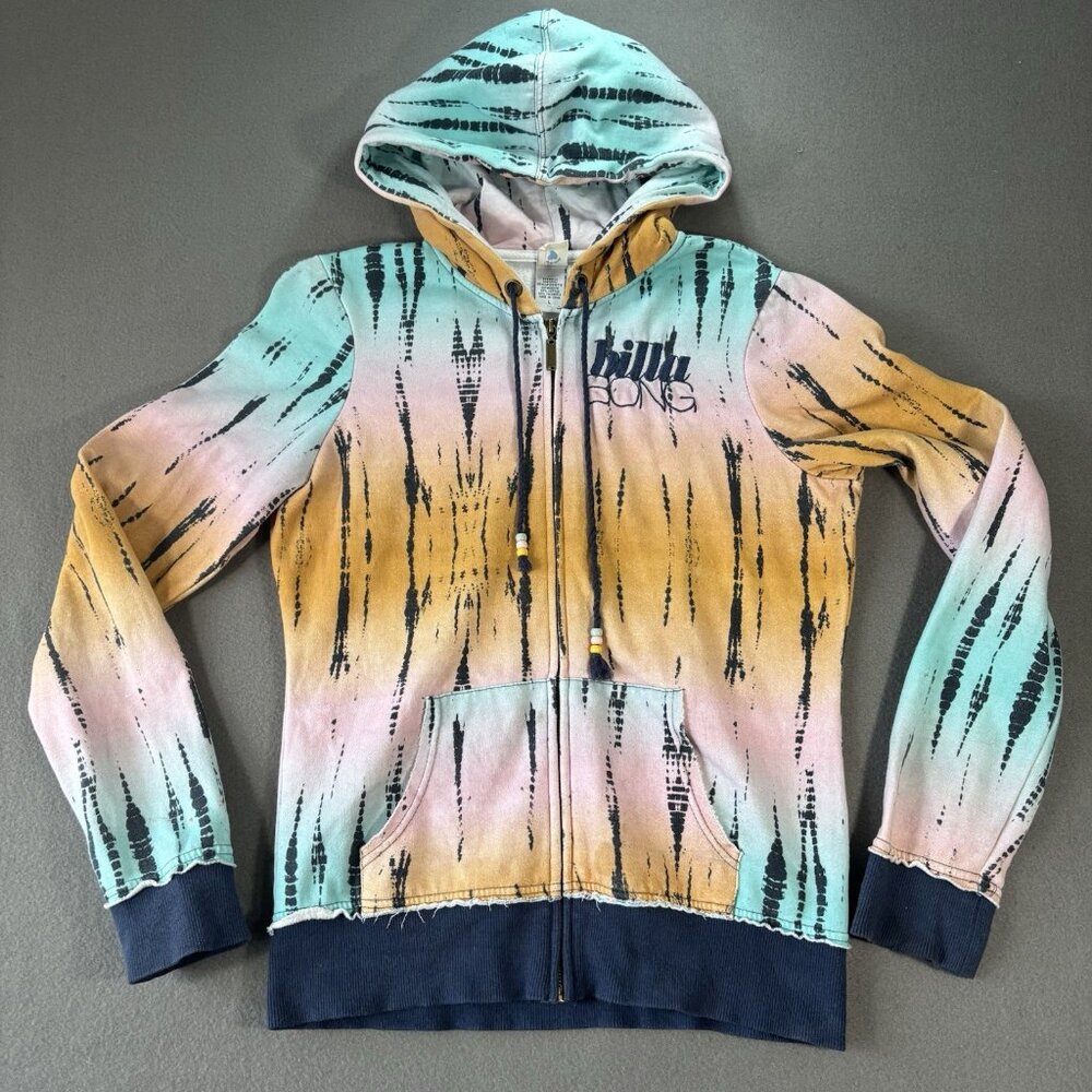 Vintage Y2K Billabong Full Zip Hoodie Womens L Colorful Tie Dye 2000s Surf Skate
